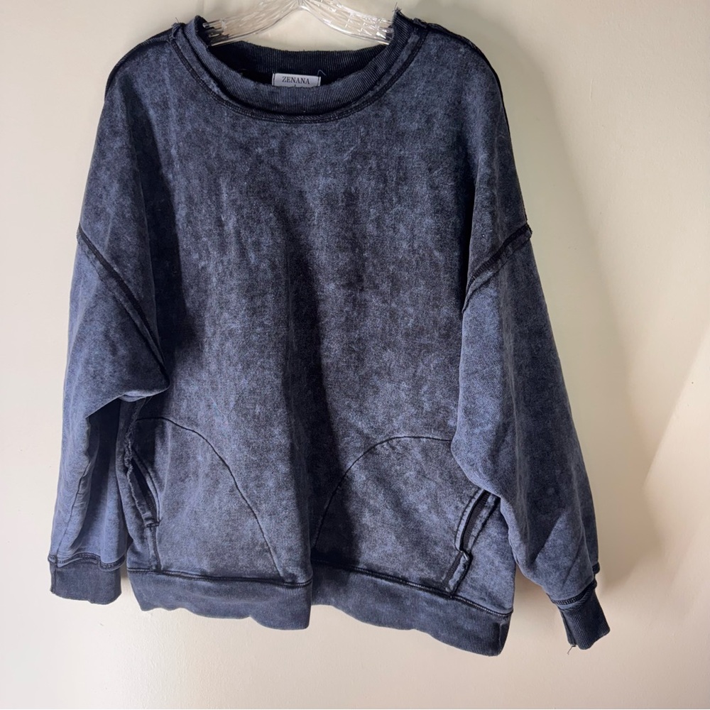 Zenana ACID WASH FLEECE OVERSIZED PULLOVER in Blue